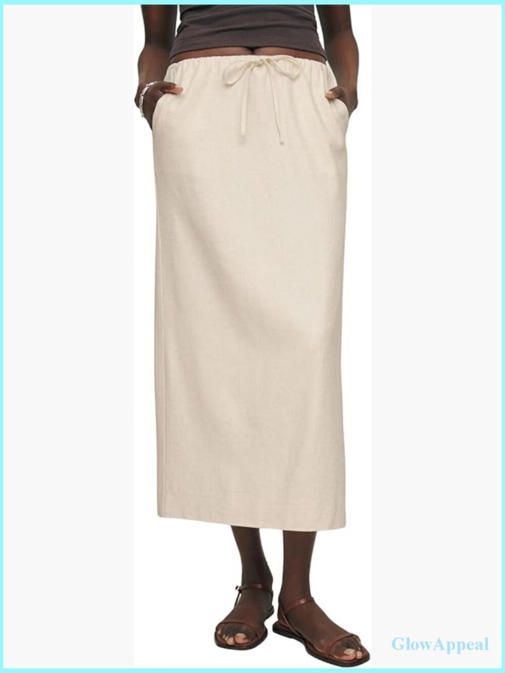 Linen Midi Skirt with Slit, Elastic Waist A-Line Side Pockets